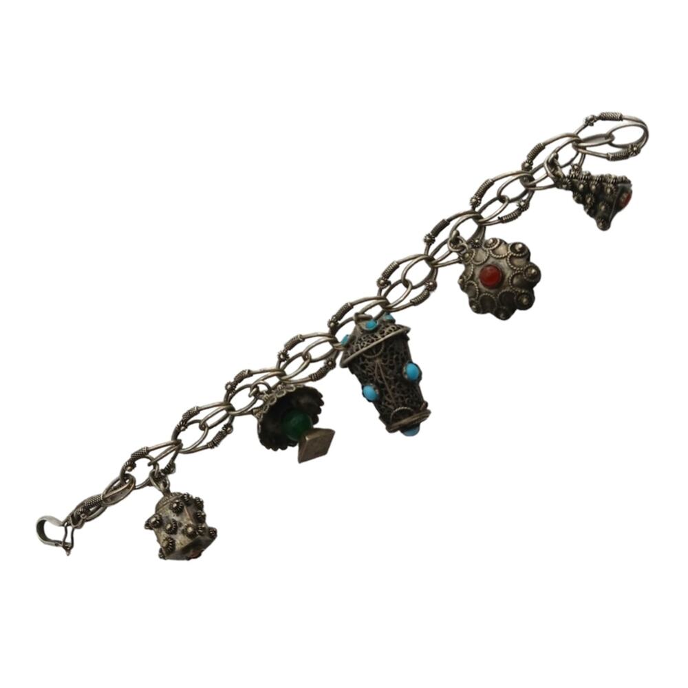 RARE Vntge 800 Silver Etruscan Revival Charm Bracelet 5 Gemstone Charms Lantern